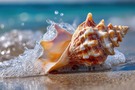 A seashell rests on wet sand as gentle waves wash over itの写真素材