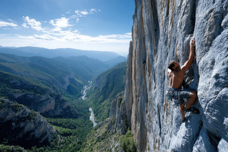 A man rock climbs a steep cliff overlooking a vast valleyの写真素材