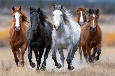 Several horses of different colors run through a dry grassy fieldの写真素材