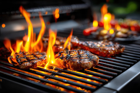 Steaks grilling over flames on a barbecue grill with vegetables in the backgroundの写真素材