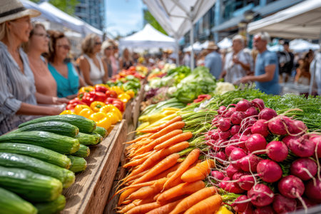 Fresh colorful vegetables displayed on a table at an outdoor marketの写真素材