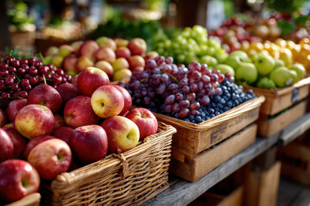 Fresh, colorful fruits are neatly arranged in baskets and crates at a market stallの写真素材