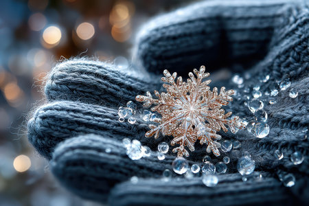 A close-up of a snowflake on a woolen glove, shot with a macro lens, capturing the intricate beauty of winterの写真素材