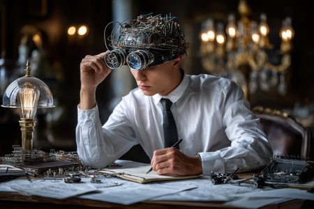 A young inventor focuses on his notes while surrounded by intricate gadgets and devices in a dimly lit workshop.の写真素材