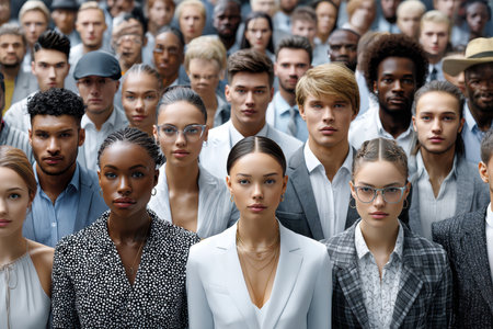 A diverse group in formal attire gathers closely in an urban setting.の写真素材