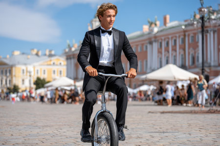 A young man dressed in a suit joyfully rides a unicycle past crowds enjoying a sunny day in the city.の写真素材
