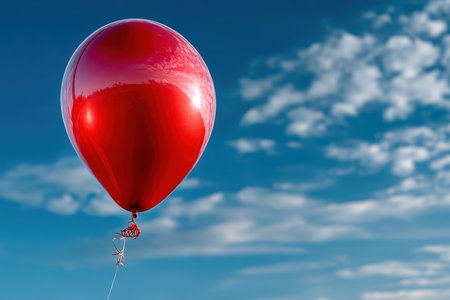 A minimalist shot of a single red balloon against a clear blue sky, under bright, natural light, shot with a wide-angle lens, symbolizing hope and freedomの写真素材