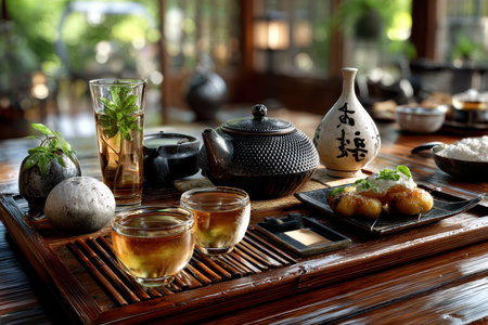 A traditional Japanese tea set and snacks are arranged on a wooden trayの写真素材