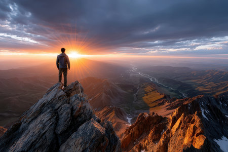 A man standing on a mountain peak, under dramatic, sunset light, shot with a telephoto lens, the man is casting a shadow that stretches across the landscapeの写真素材