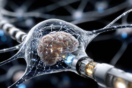 A detailed depiction of a human brain interconnected with glowing neurons, illustrating neural activity and technology.の写真素材