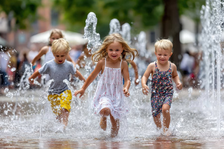 Four children splash through a fountain in a lively city square during a sunny afternoon of fun.の写真素材