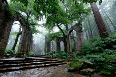 Stone ruins with arches in a foggy forest with lush green vegetationの写真素材