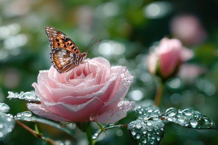 A pink rose with a butterfly and dewdrops in a garden settingの写真素材