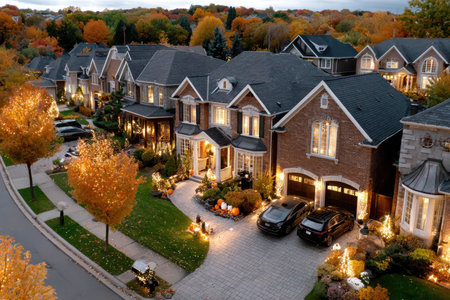An aerial view of suburban homes decorated with lights and pumpkins for Halloweenの写真素材