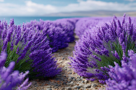 Bright purple lavender flowers line a path near water, with distant hills and a blue sky overhead.の写真素材