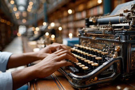 Hands are typing on an ornate vintage typewriter placed on a desk in a magnificent library environment.の写真素材