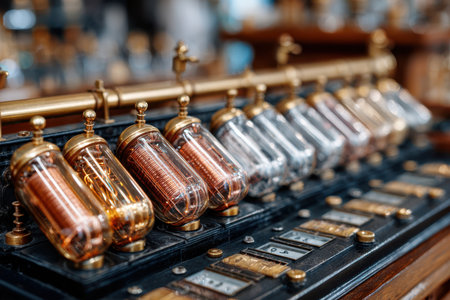 Intricate glass tubes with copper coils are displayed in a vintage laboratory, highlighting craftsmanship and history.の写真素材