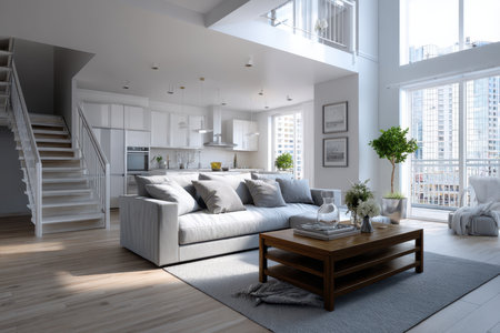 Spacious living room features contemporary furniture and opens to a stylish kitchen in a city apartment.の写真素材