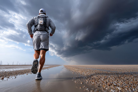 A lone runner moves swiftly along a sandy path as dark storm clouds gather overhead, signaling an impending storm.の写真素材