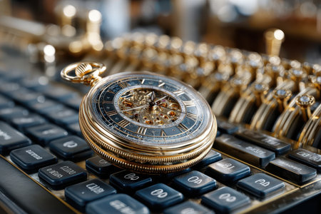 A detailed pocket watch with intricate design placed on a vintage keyboard in a warm workshop ambiance.の写真素材