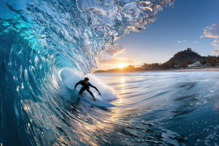A lone surfer skillfully navigates a powerful wave as the sun sets over the ocean horizon.の写真素材