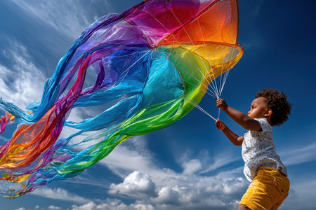A young child with curly hair plays with a vibrant, multicolored kite under a bright blue sky filled with clouds.の写真素材