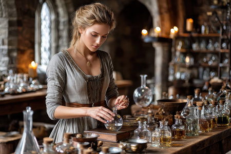 A woman pours liquid into a flask, surrounded by bottles and jars in an old alchemy workshop.の写真素材