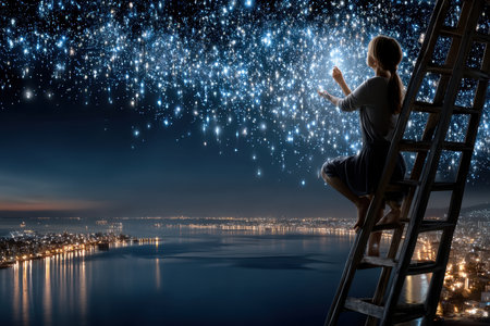 A woman ascends a ladder under a starlit sky, reaching out to sparkling stars above a tranquil lake.の写真素材