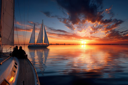 Two sailors enjoy a tranquil evening on calm waters, watching a stunning sunset with vibrant colors.の写真素材