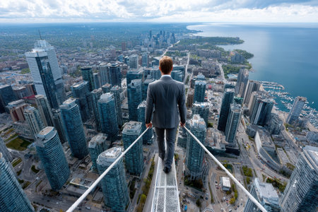 A businessman in formal attire carefully balances on the edge of a skyscraper, admiring the sprawling city below.の写真素材