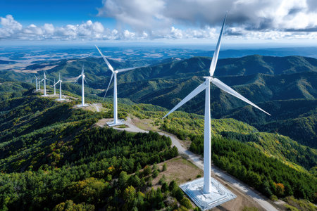 An aerial view of wind turbines on a mountain ridge with green treesの写真素材