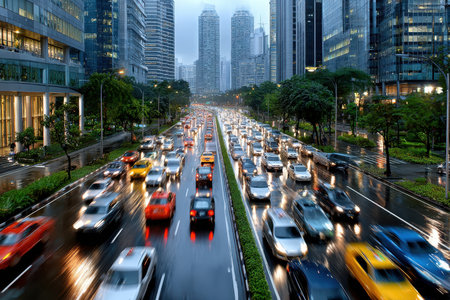 Cars speed down a rainslicked city street at duskの写真素材