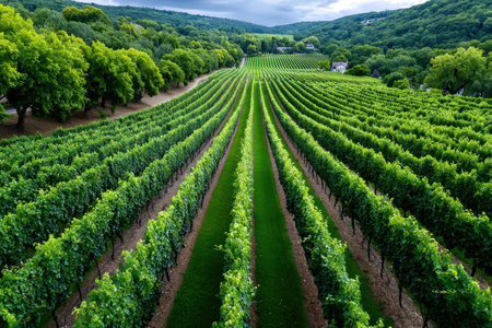 Aerial view of neat rows of grapevines in a vineyardの写真素材