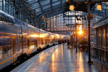 A modern train waits at a station platform during golden hourの写真素材