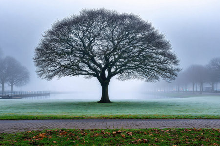 A lone tree stands by a misty lake on a cold, foggy morningの写真素材