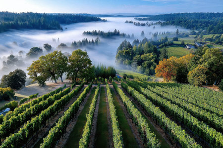 Lush green vineyard rows descend towards a misty valley in an aerial shotの写真素材