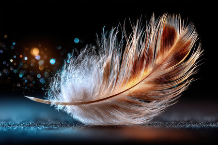 A minimalist shot of a single feather falling against a dark background, under soft, directional lighting, shot with a macro lens, with an unexpected gust of wind changing its pathの写真素材