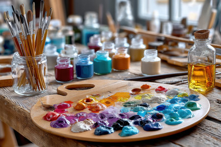 An artists palette with various oil paints, brushes, and jars on a wooden tableの写真素材