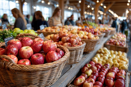 A bustling farmer's market, under bright, natural light, with a sudden drop of a basket of applesの写真素材