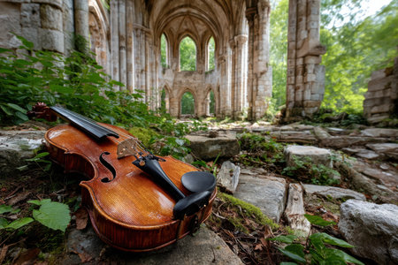 A beautiful violin lies on the ground amidst the stone remnants of historic ruins, surrounded by vibrant foliage.の写真素材