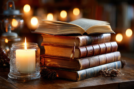 An open book rests atop a stack of old books next to a lit candleの写真素材