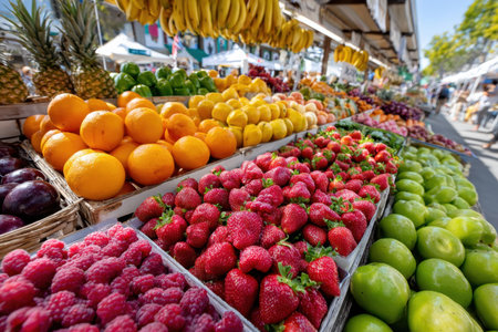 Colorful fresh fruit displayed at an outdoor farmers marketの写真素材