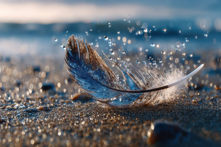 A delicate feather rests on wet sand, droplets of water sparkling as sunlight illuminates the scene at the beach.の写真素材