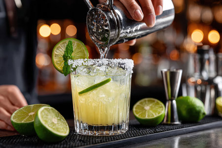 A bartender skillfully pours a mixed drink into a glass garnished with lime and mint at a lively bar.の写真素材