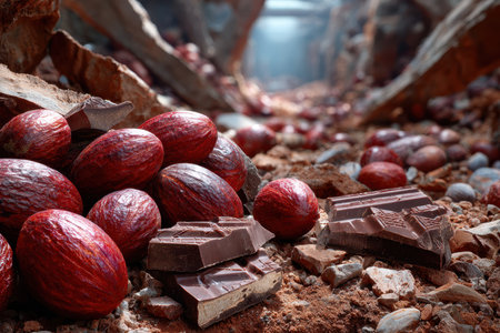 Colorful chocolate eggs and dark bars are strewn across earthy rocks in a sunlit cave.の写真素材