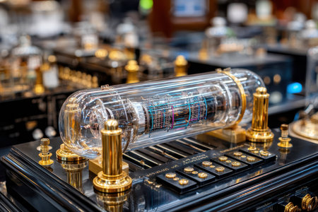 Intricate vintage electronic device showcased at a collector's exhibition featuring brass and glass elements.の写真素材