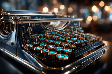 A close-up of a vintage typewriter, under soft, ambient light, shot with a macro lens, evoking a sense of nostalgia and creativityの写真素材