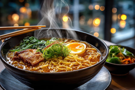 A steaming bowl of ramen noodles with various toppings and chopsticksの写真素材