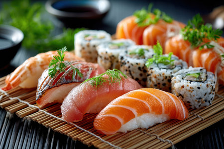 A variety of colorful sushi pieces arranged on a bamboo matの写真素材