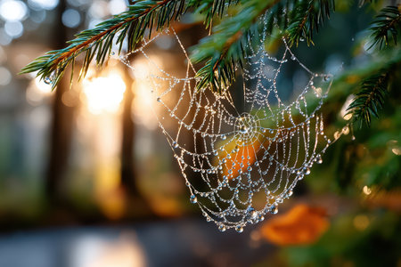 A spiderweb covered in dew slopes from a pine branch at sunriseの写真素材